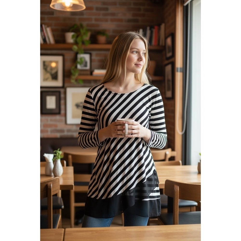 Vince Camuto Womens 3/4 Sleeve Striped Tunic Top Black White Chiffon Hem Size M